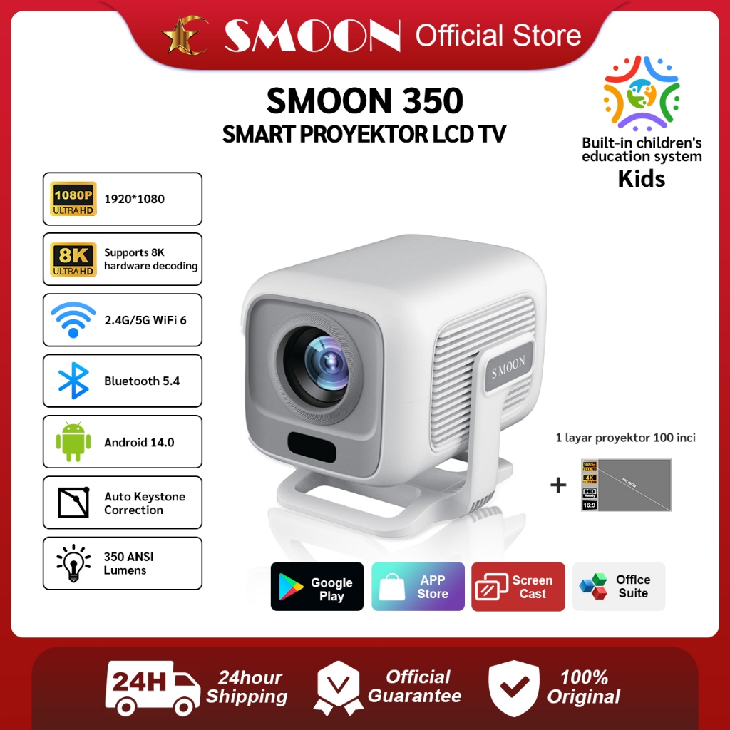 SMOON 350 Pro Projector LCD TV - Proyektor Pintar - 350 ANSI Lumens - TV Android - Fokus Otomatis - 