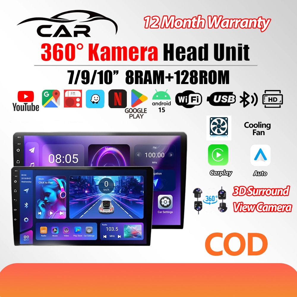 Support Kamera 360 Head Unit 8+128GB Android 15 7/9/10 Inch 8-Core CPU 2 Din Carplay Android Auto Bl