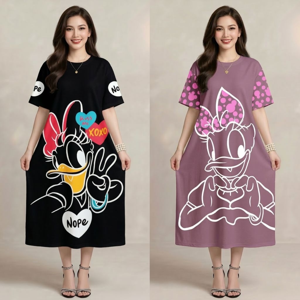 Dress Jumbo Wanita Kekinian Korean Style Lengan Pendek Terusan Dewasa Remaja Lembut Tebal Santai Cas