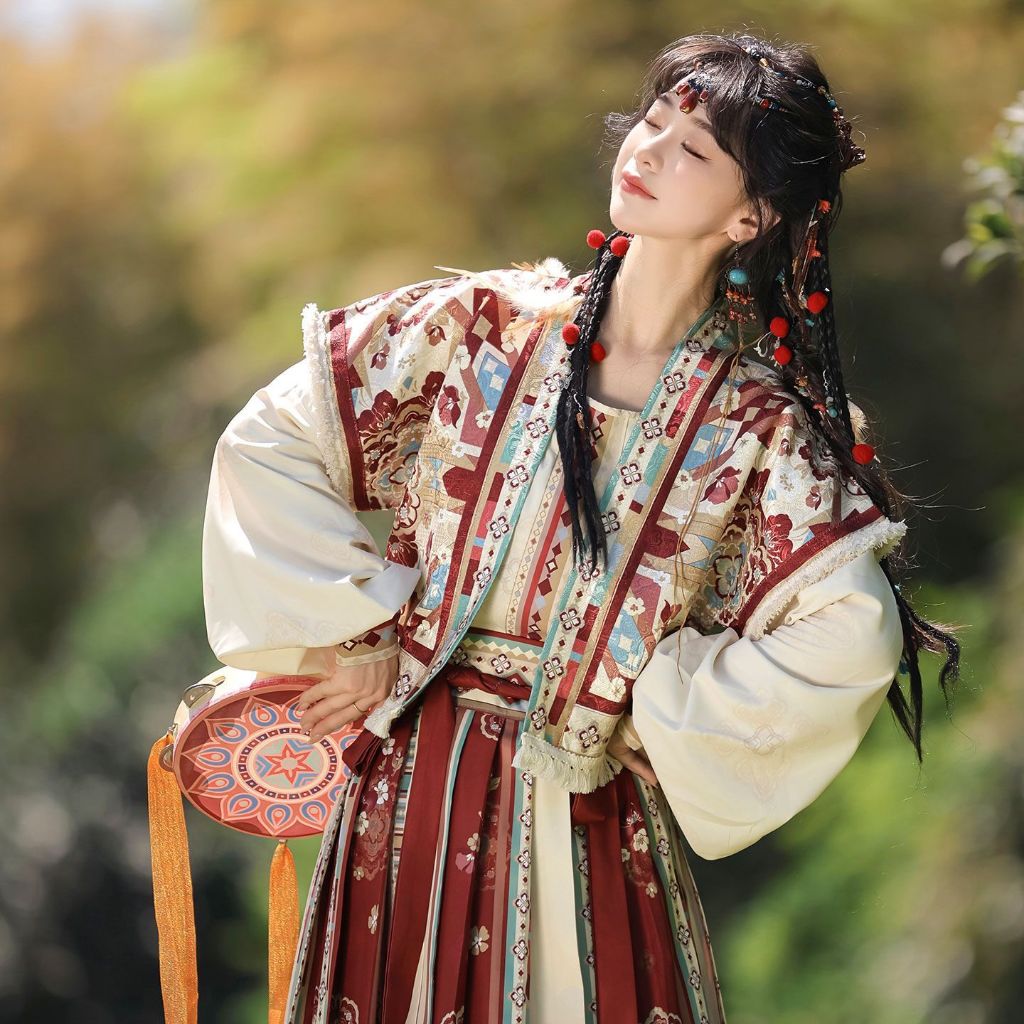 Set Hanfu Rok untuk Badan Kecil Wanita Kemeja Beizi Kerah Bulat Rok Berlipit Pinggang Tinggi Cantik
