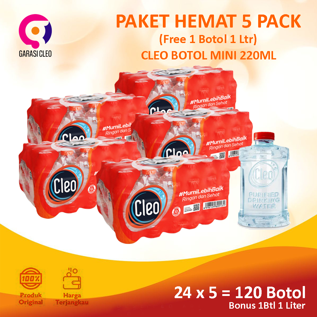 Cleo Mini 220ml 5 pack + Cleo 1L Praktis 1 Botol | Air Mineral Asli Murah Bundling Hemat