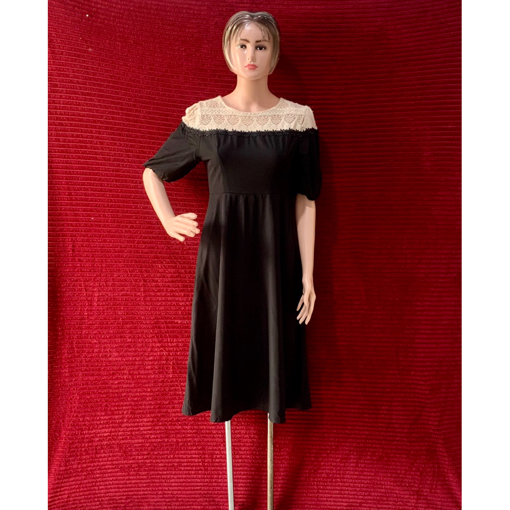 KOREAN  STYLE  DRESS HITAM RENDA WANITA CANTIK ELEGANT | LENGAN PENDEK CASUALS
