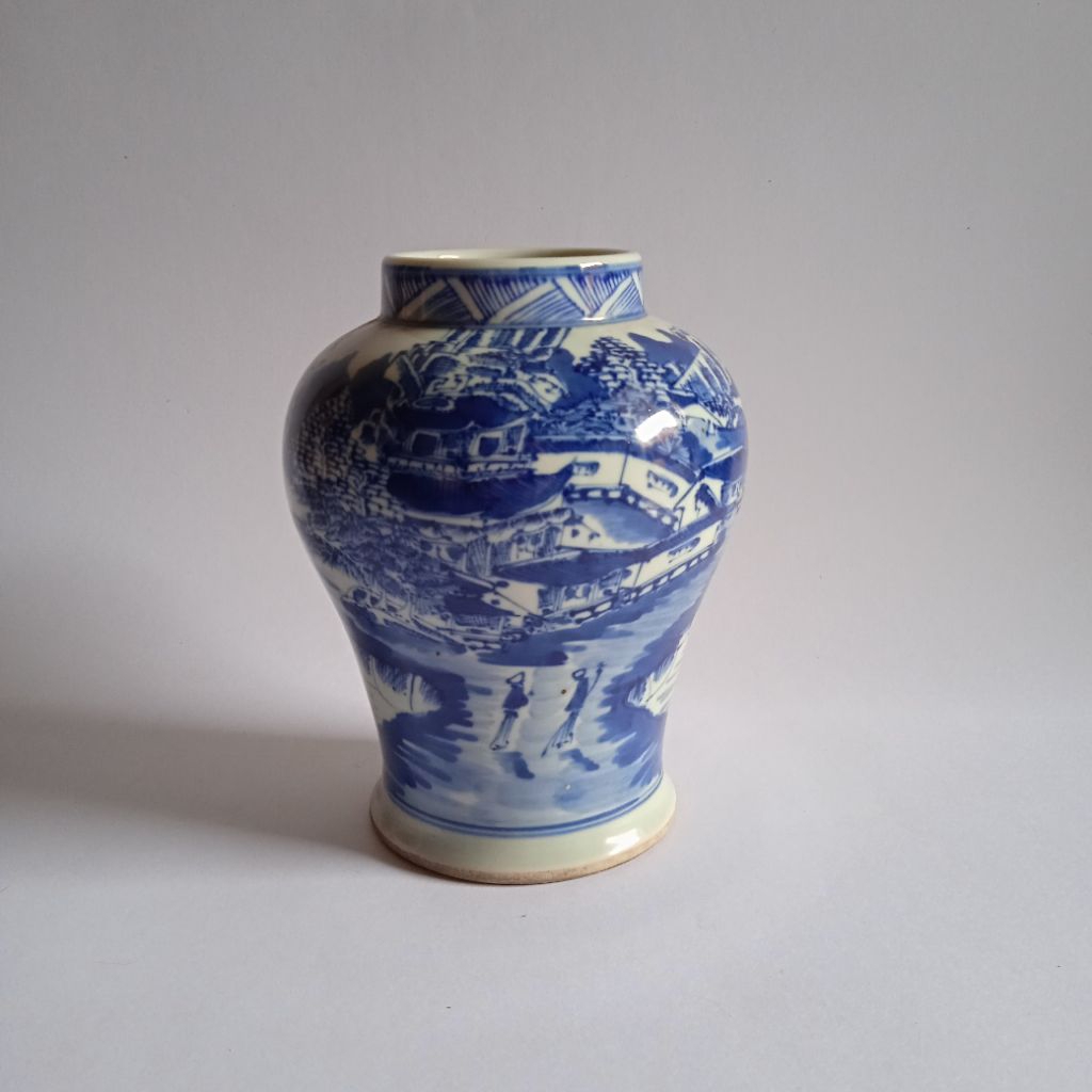 Antik Vinatage Porselen Cina Qing Era Guci Lukis Biru Putih Utuh Tua Kuno Layak Koleksi