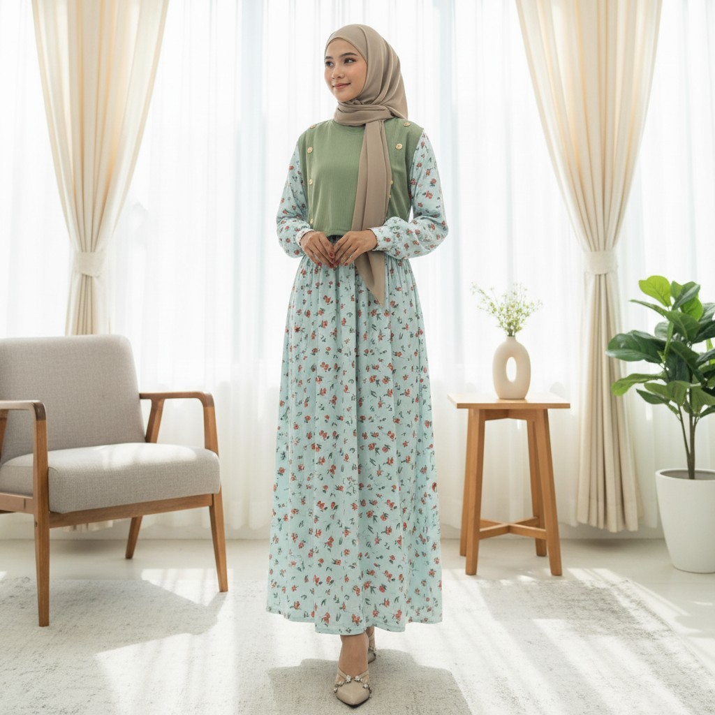 CARLINA Gamis Alhambra Bunga Dress Wanita Maxy