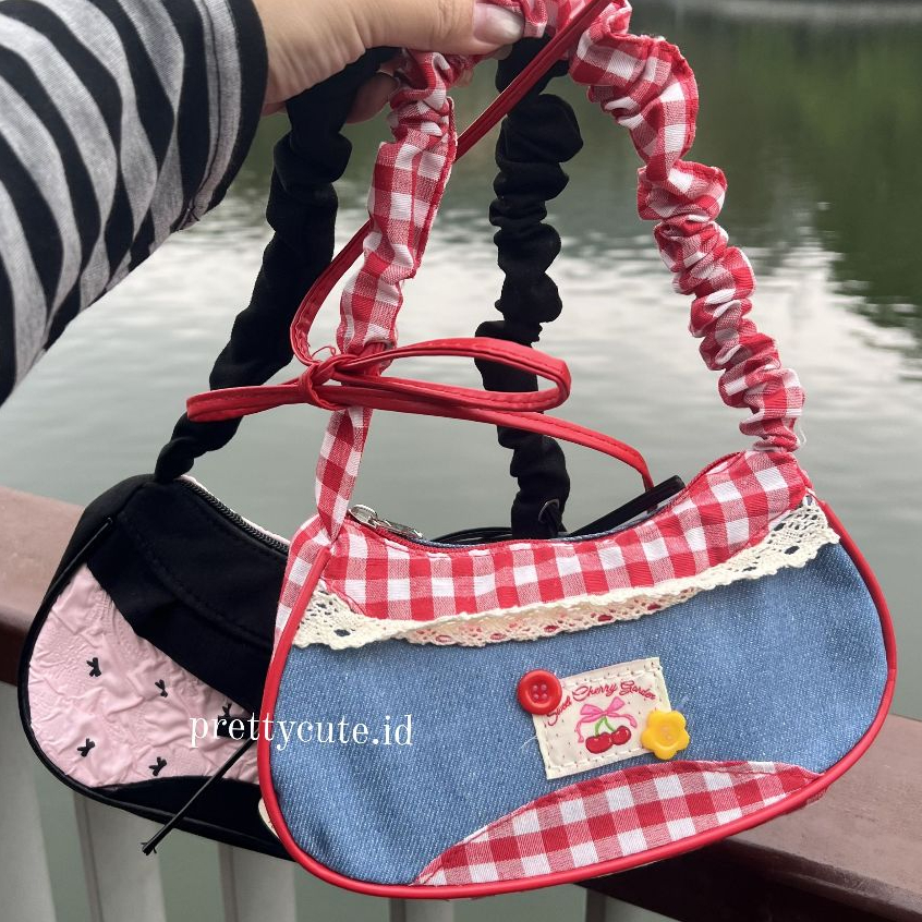 prettycuteid | Tas Bahu Shoulder Bag Cherry Merah Sling Bag Blackpink Renda Pita Pink Mini Bag Lucu 