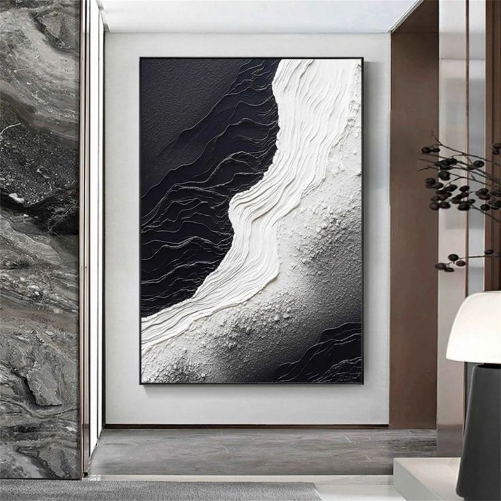 lukisan dinding abstrak ombak hitam putih aesthetic bertexture timbul –lukisan siap pajang