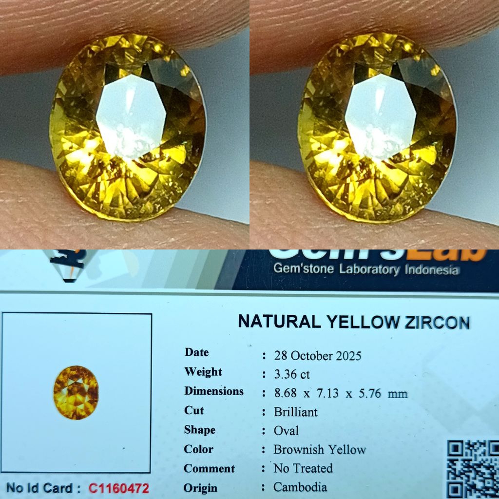 NATURAL YELLOW ZIRCON CAMBODIA BROWNISH YELLOW NO TREATED GOOD LUSTER MEMO GLI LAB
