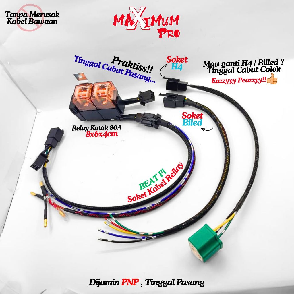 PREMIUM KABEL RELAY LAMPU SET BEAT Fi 80A HID SOKET BILED LED H4 MOTOR SOCKET RELLAY LAMPU HONDA BEA