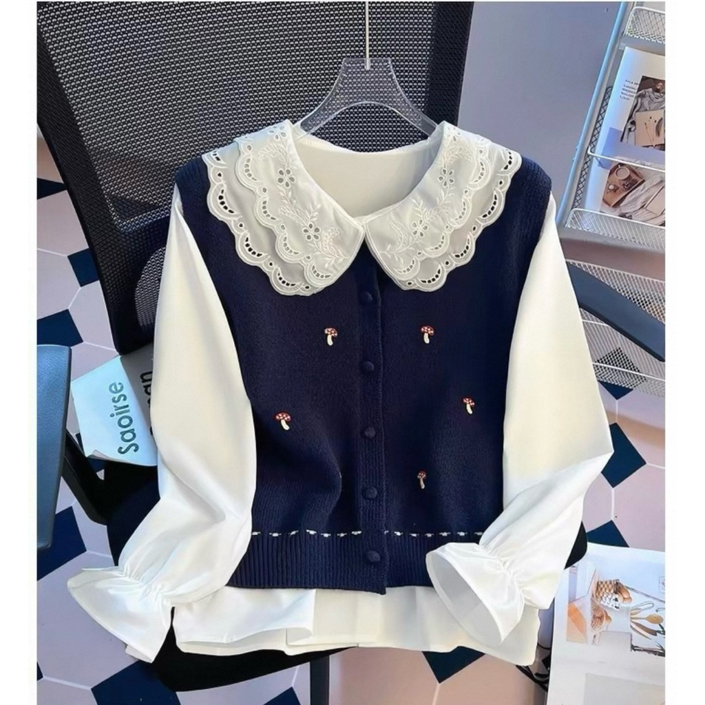 “LYLY SET”Blouse Kemeja Ruffle & Rompi Rajut