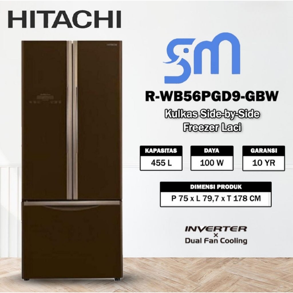 kulkas HITACHI R-WB56PGD9-GBW Kulkas 3 Pintu 455L Inverter Dual Fan Cooling