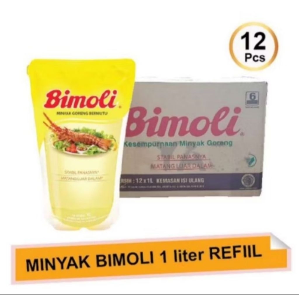 1 Dus Minyak Goreng Bimoli 1 Liter  Pouch x 12 Pcs  - Omega 9, Bebas Kolesterol, Beta-Karoten