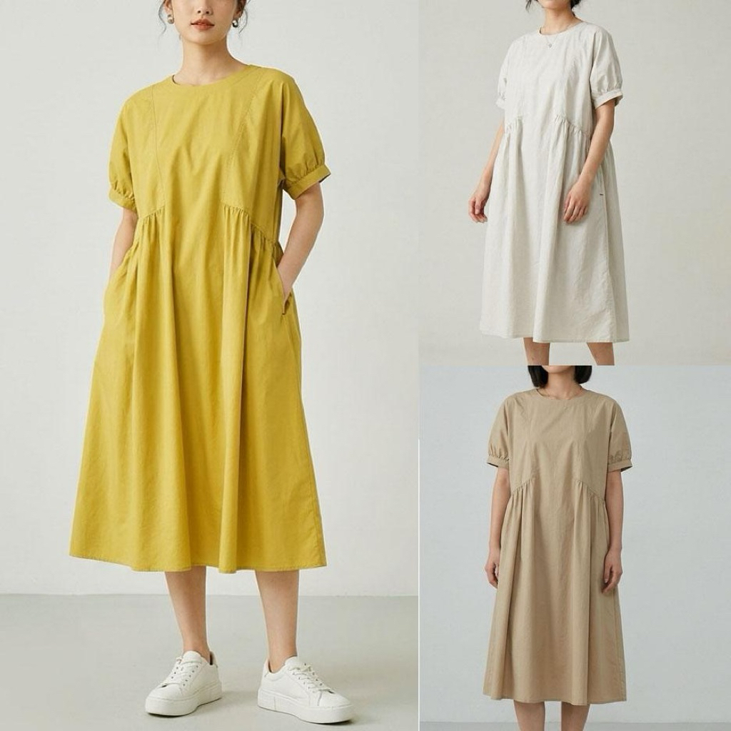 DRESS MIDI KATUN POPLIN PREMIUM COKLAT KREM KHAKI KUNING HIGHWAIST OVERSIZE DROP SHOULDER KOREA IMPO
