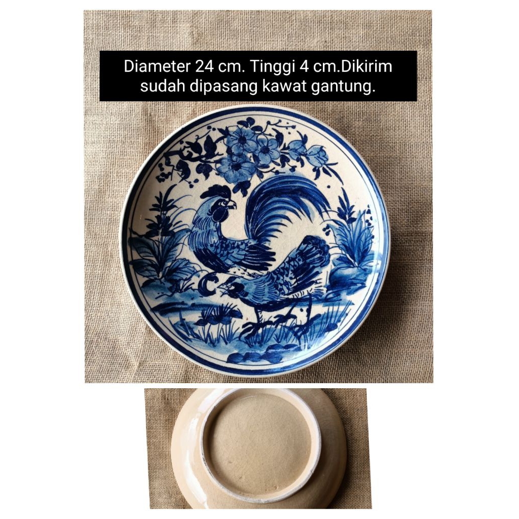 Diameter 23 cm an sampai 24 cm an piring keramik lukis biru putih dan warna warni gambar bunga/kinci
