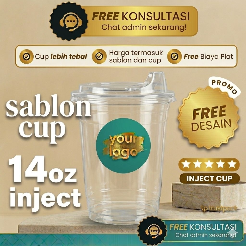 Sablon Custom Gelas / Cup Plastik Inject Datar 14oz (FREE LID/TUTUP STRAWLESS)