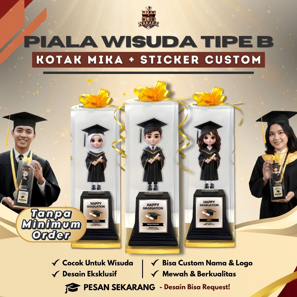 (Satuan Tipe B) Piala Akrilik Wisuda Sticker Custom + Kotak Mika Kelulusan Anak Sekolah Hadiah Kado