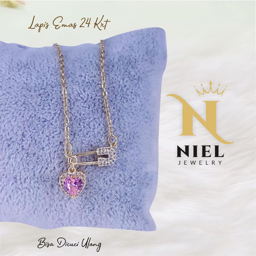 Kalung Emas 24K Wanita Niel Jewelry Liontin Love Pink Zircon Safety Pin Elegan Minimalis Rantai Prem