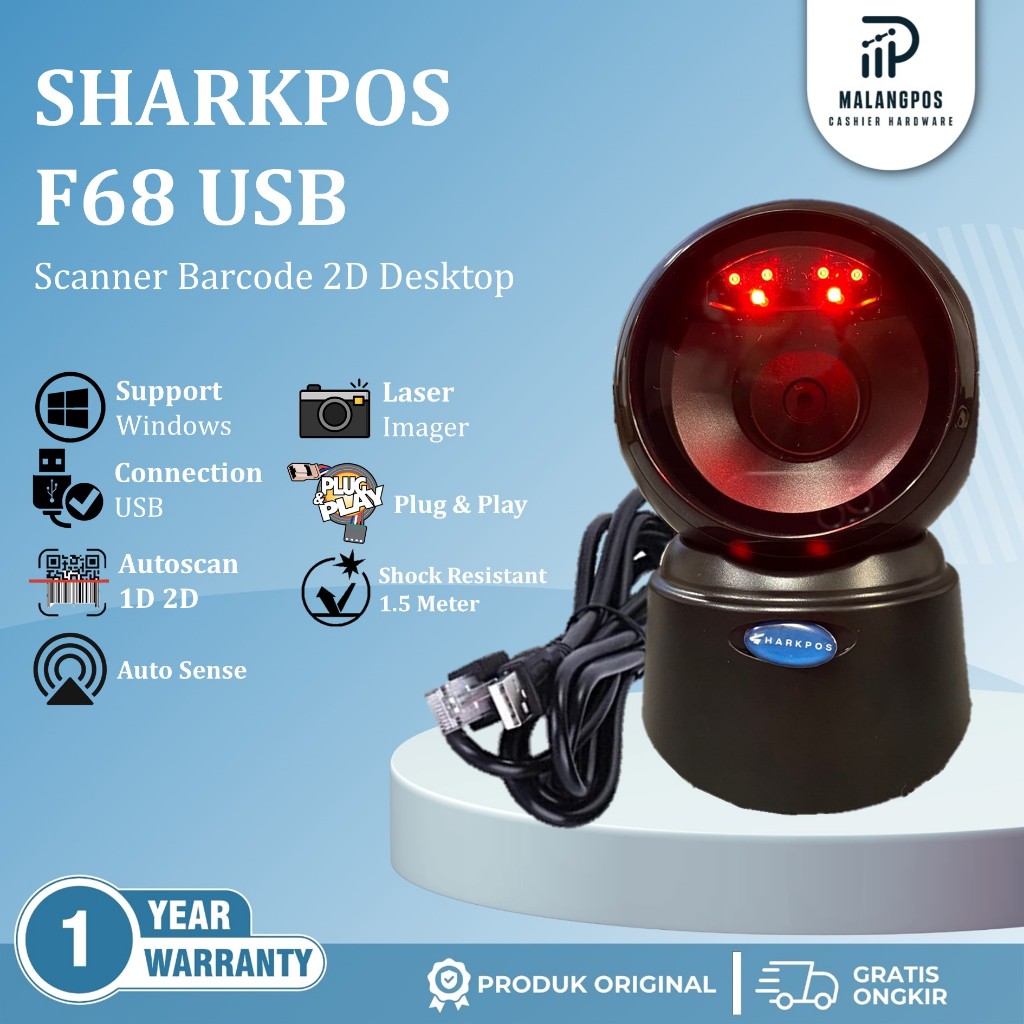 Barcode Scanner 2D Sharkpos  F 68 QR Code USB BS F68 Barcode Scanner Dekstop Autoscan