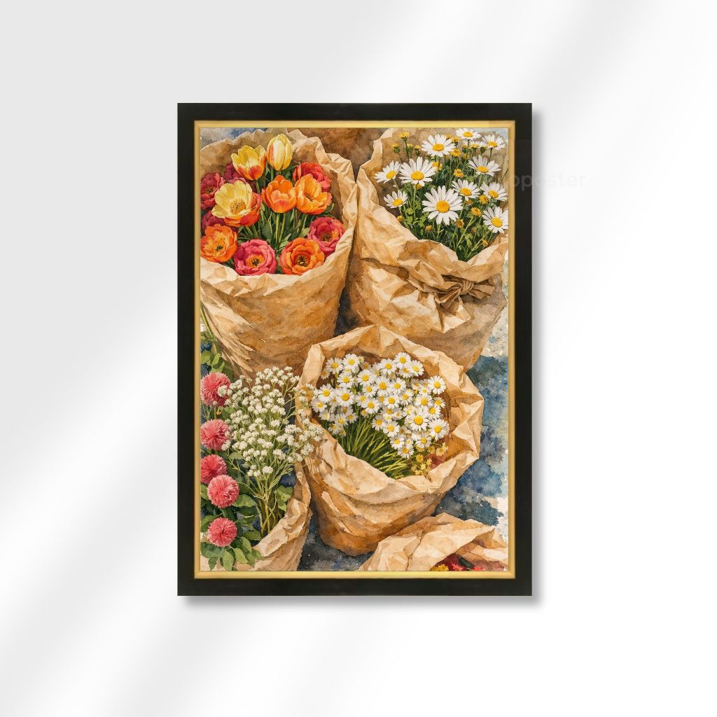 Pajangan Dinding Lukisan Cetak Pasar Bunga Plus Bingkai Hitam Gold