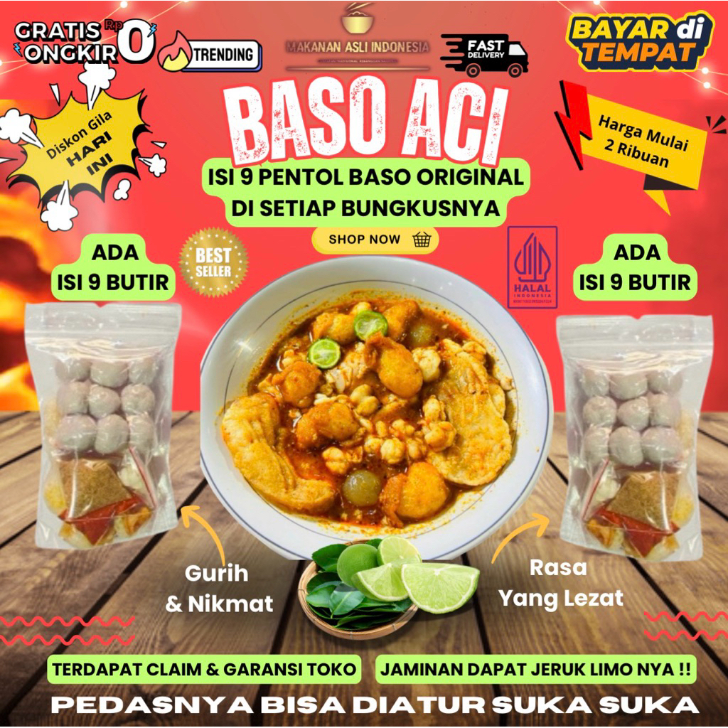 Baso Aci 1 bungkus hemat / Boci Original 9 Pentol Kuah Pedas / bakso aci instan murah isi banyak cem