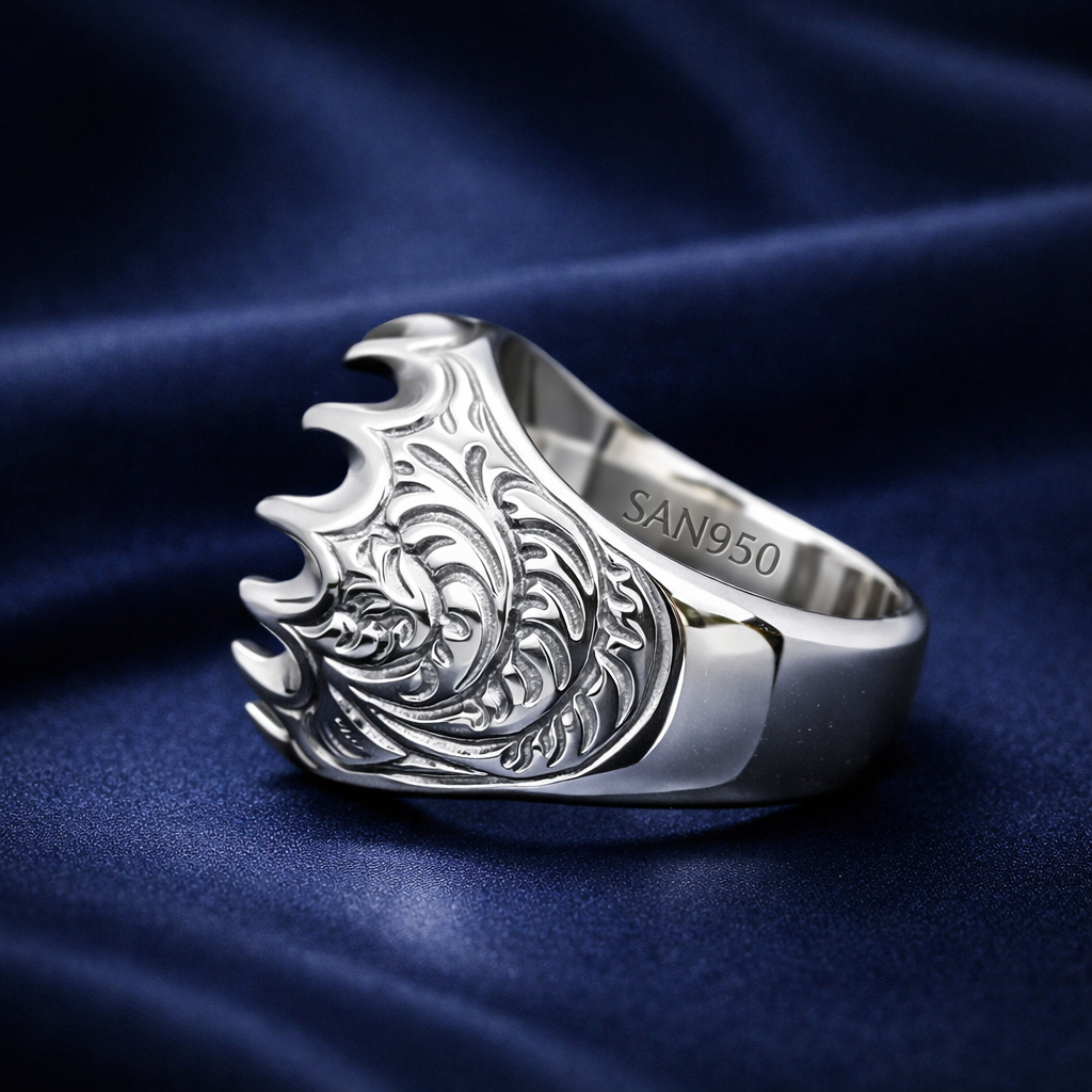 Cincin IKat Batu akik Motif Ukiran SAN950 EB285 - Ring Pria Perak 950 Custom Handmade Kosongan Premi