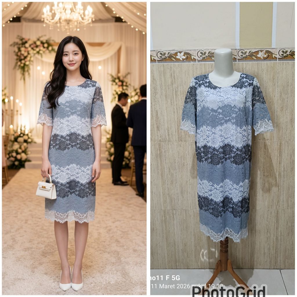 Dress brukat abu putih lengan pendek