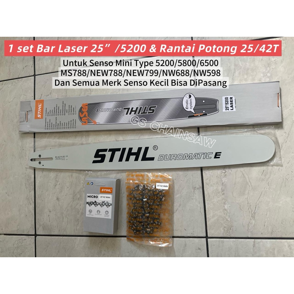 1 set Bar Chainsaw Stihl 25 inch dan Rantai 25"/52T.Bar Senso Stihl 25 inch dan Rantai 25/52 mata Se