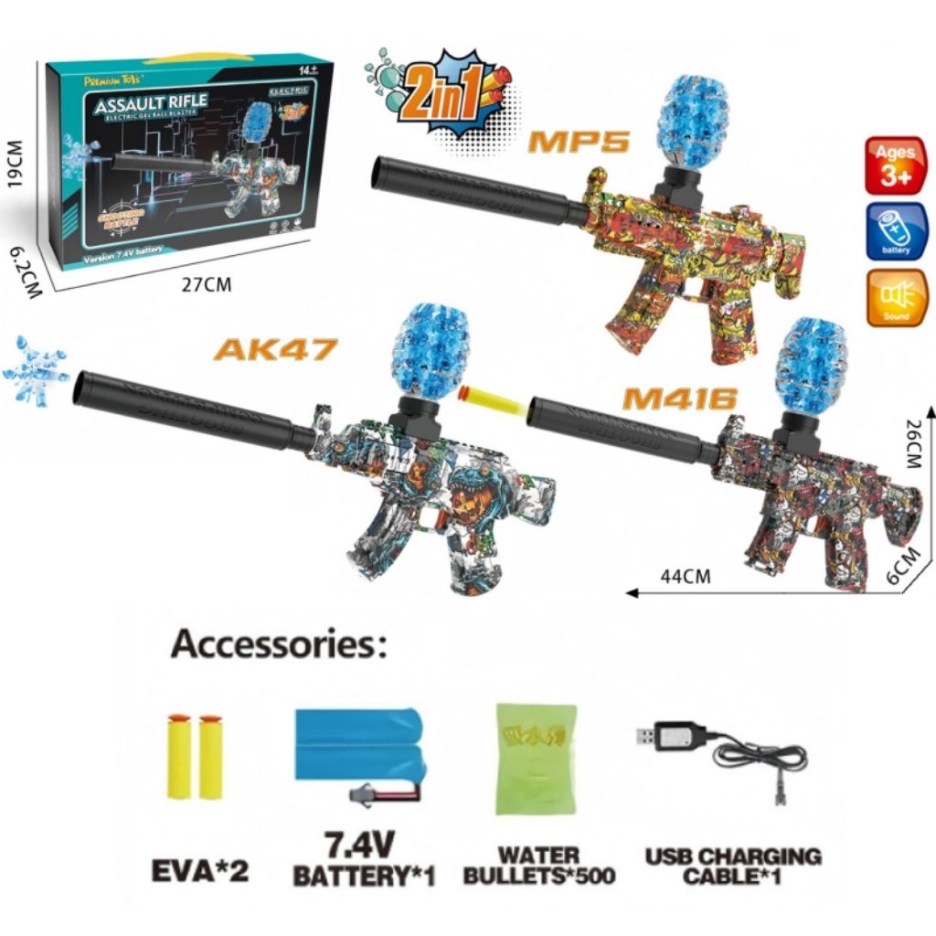 Mainan Anak Pistol Tembakan Assault Rifle 2in1 Gun Electric Water Gel