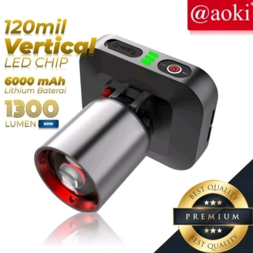 SENTER KEPALA LED LASER AOKI AK-3695A 80WATT 1300 LUMEN BATERAI 6000MAH