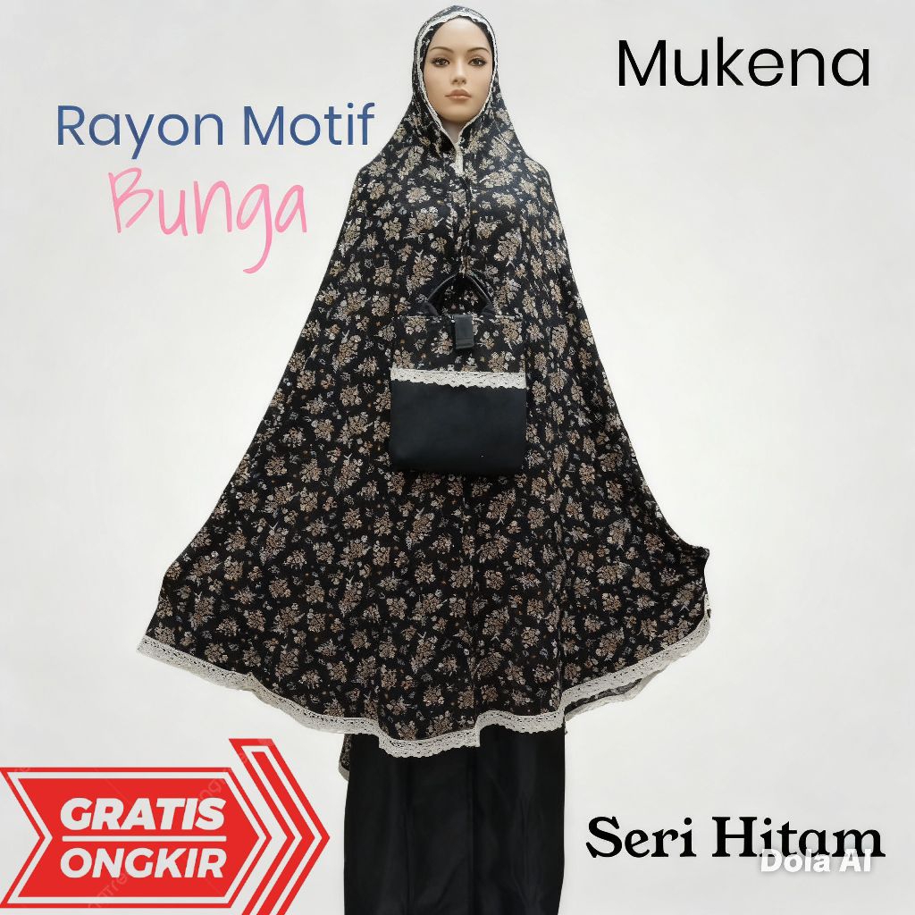 Mukena dewasa spesial hitam (katun rayon Motif kembang)