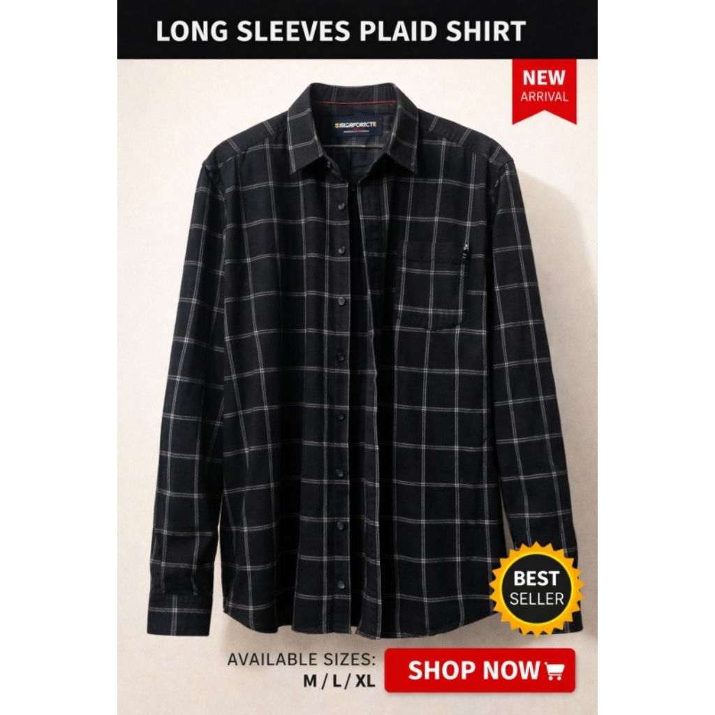 Kemeja Flanel Pria Wanita Lengan Panjang Motif Kotak-Kotak Warna Hitam Garis Putih
