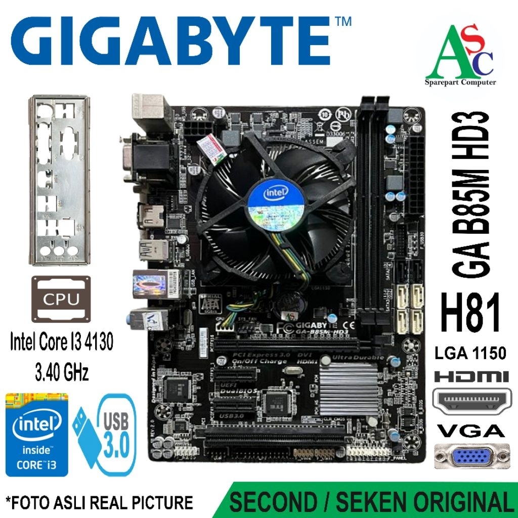 Paket Motherboard H81 Mobo Gigabyte Core i3 Gen 4 Fan Intel Backpanel