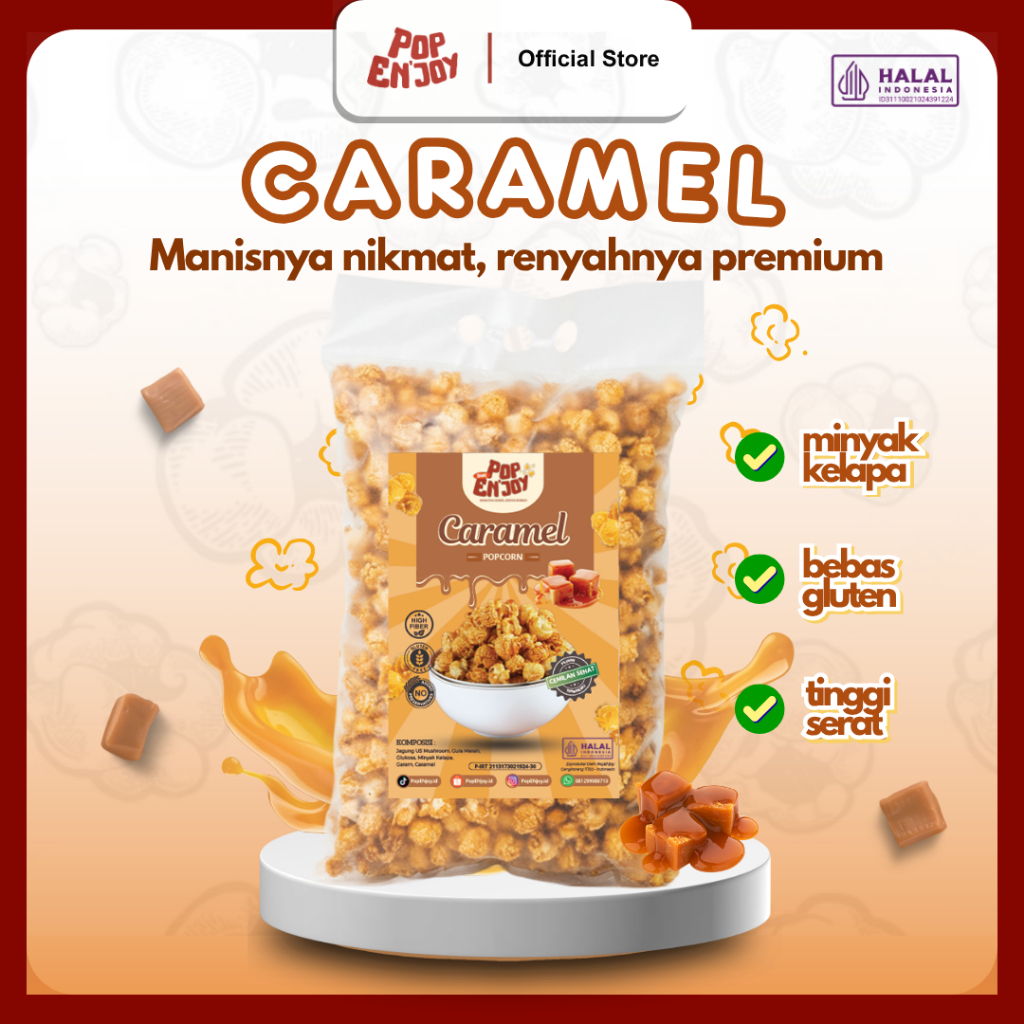 PopENjoy - POPCORN CARAMEL 500gr | Snack Camilan Garing Manis Crispy Popkorn Jagung Sehat Premium Ma