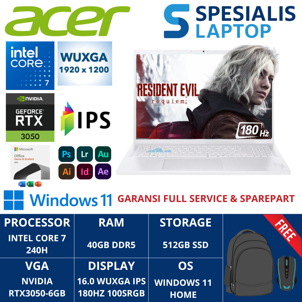 Laptop Gaming Acer Nitro Lite Intel Core 7 240H 40GB DDR5 512GB SSD RTX3050 16inci 180Hz Windows 11