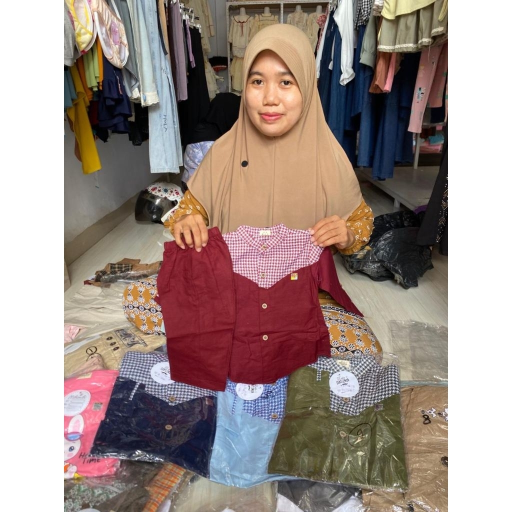 Setelan Koko Bayi Laki-Laki Premium 3in1 + Peci | Baju Muslim Anak Motif Kombinasi Kotak | Usia 1-2 