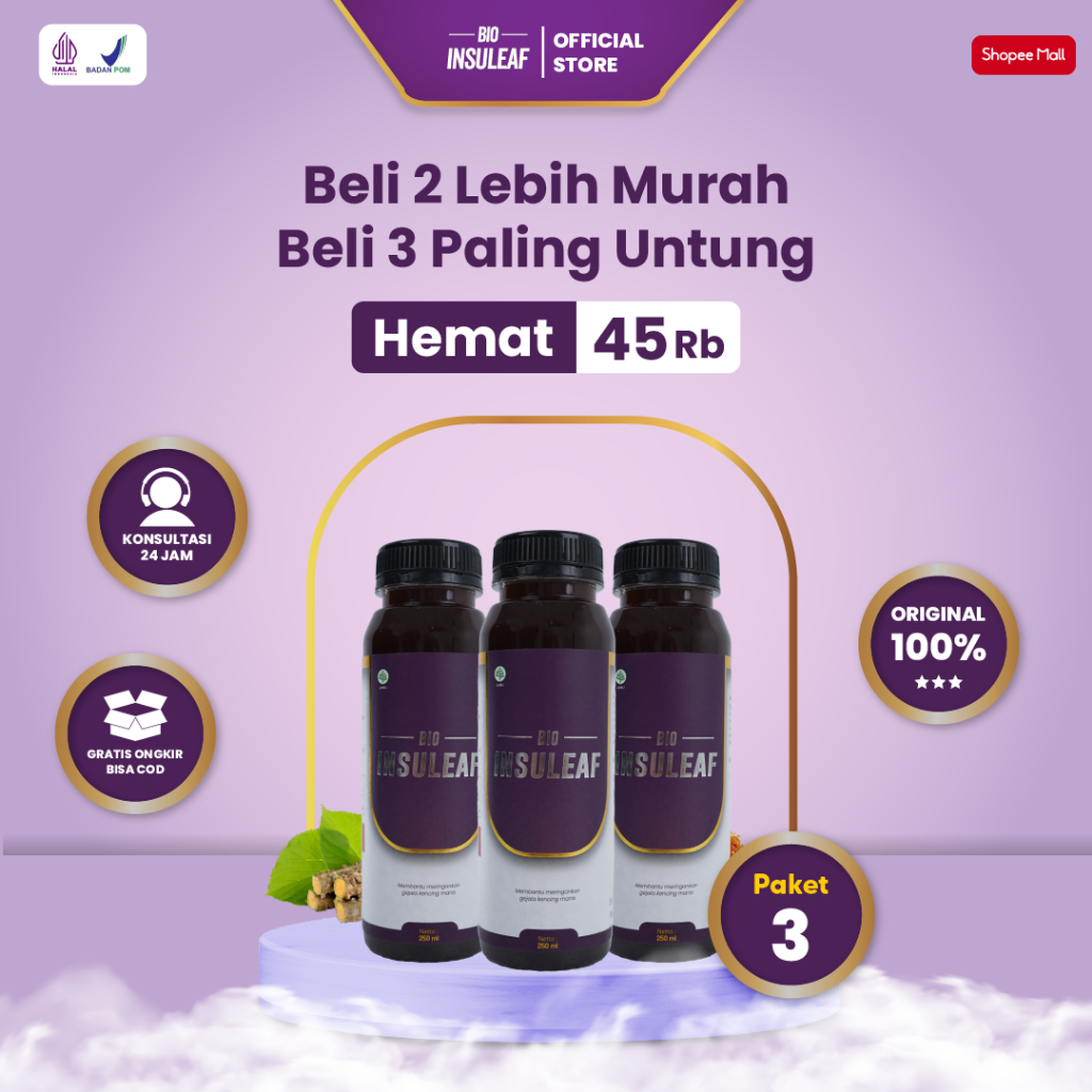 Bio Insuleaf Paket 3 Botol Insulin Diabetes Ori Herbal Alami Bantu Jaga Gula Darah Stabil