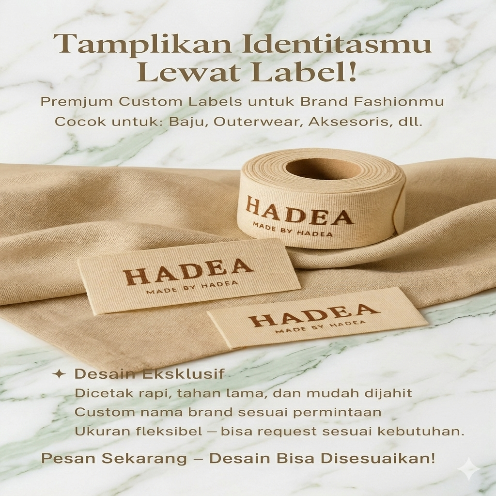 400 pcs Label Baju Katun Premium - Tahan Luntur, Desain Custom, Sablon Satu Sisi