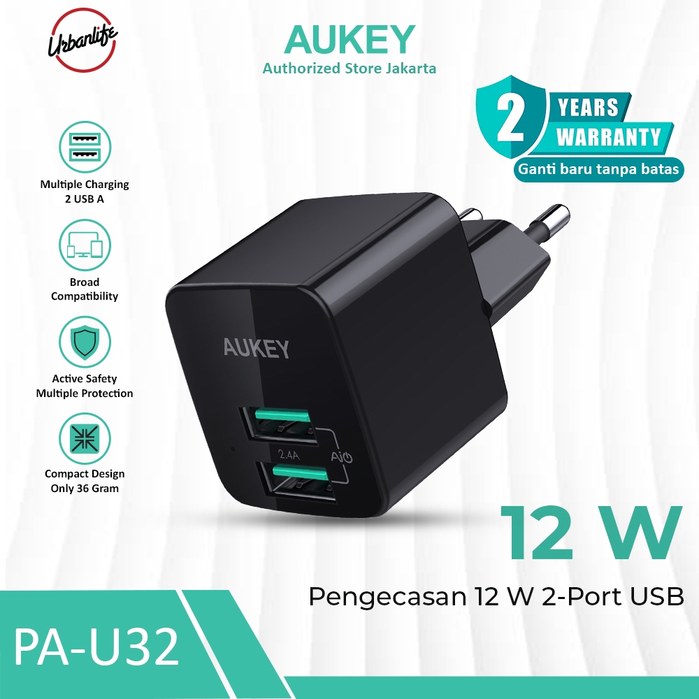 AUKEY CHARGER Kepala Charger 2 Port 12W USB A Pengecasan Cepat Fast Charging PA-U32