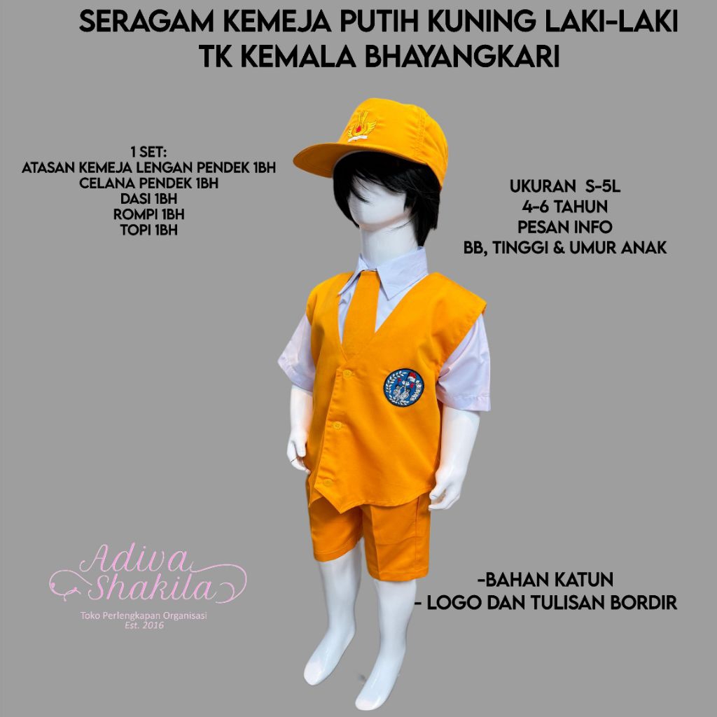 ADIVA -- SERAGAM KEMEJA PUTIH KUNING LAKI-LAKI TK KEMALA BHAYANGKARI | KEMEJA PANJANG/PENDEK | CELAN