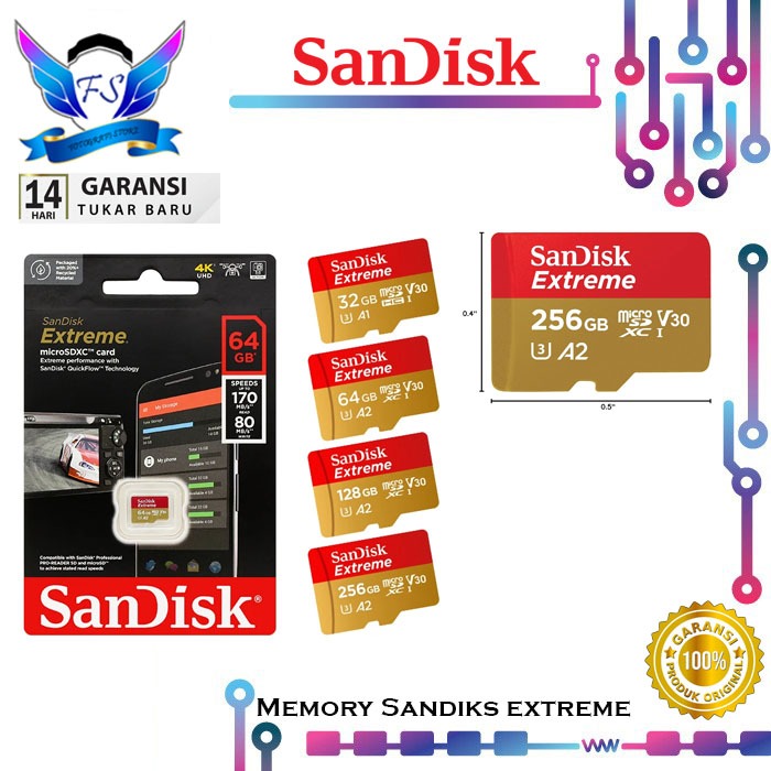 Sandisk Extreme Micro SD / MicroSD 32GB - 64GB - 128GB - 256GB - 512GB Memory Card SDHC SDXC A2 V30 