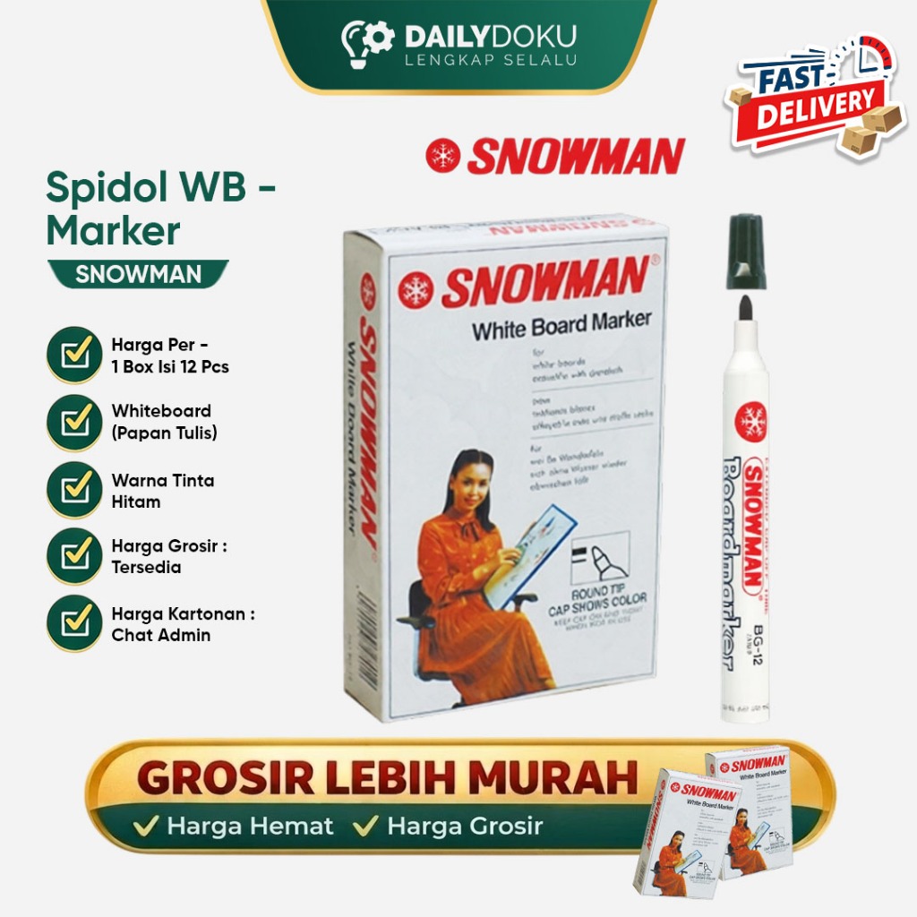 Spidol Whiteboard / White Board Marker Snowman BG-12 Hitam | 1 Box Isi 12 Pcs | Grosir Lebih Murah