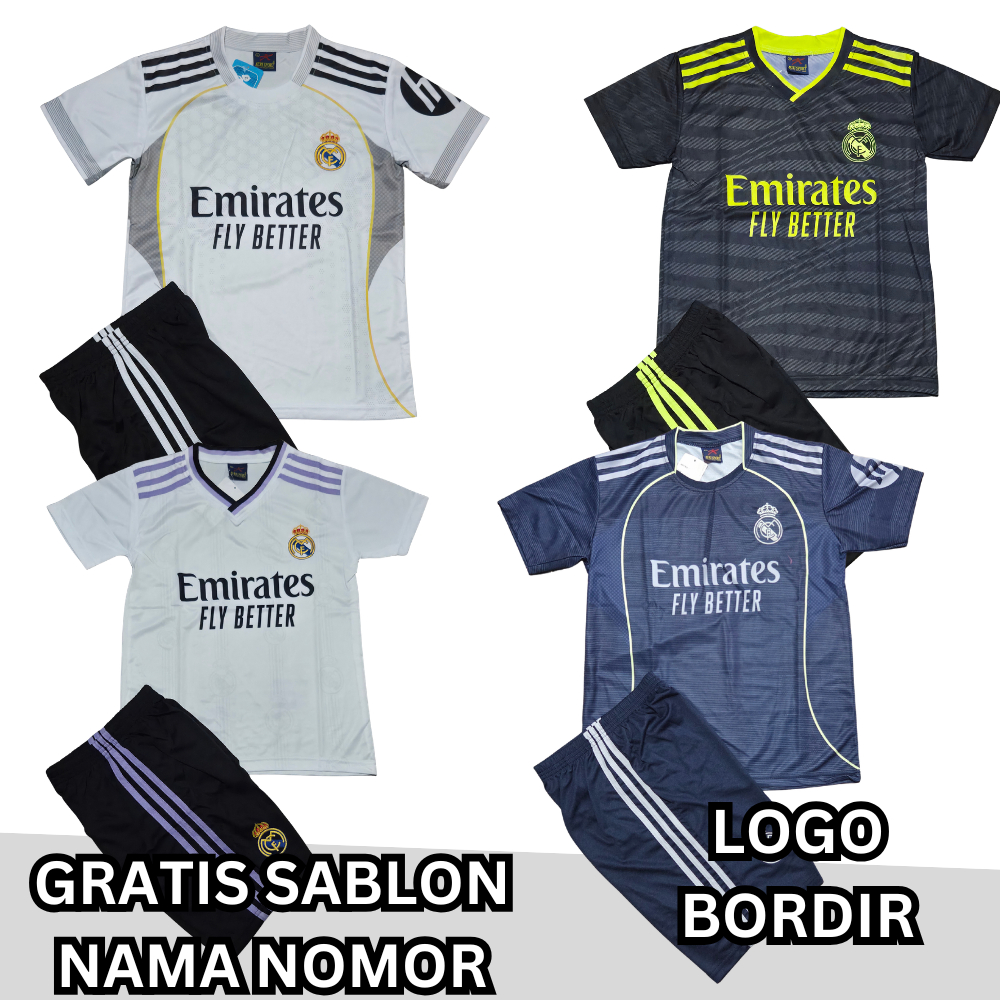 Setelan Jersey Sepak Bola Real Madrid Emirates Fly Better Lengan Pendek Lengkap Celana