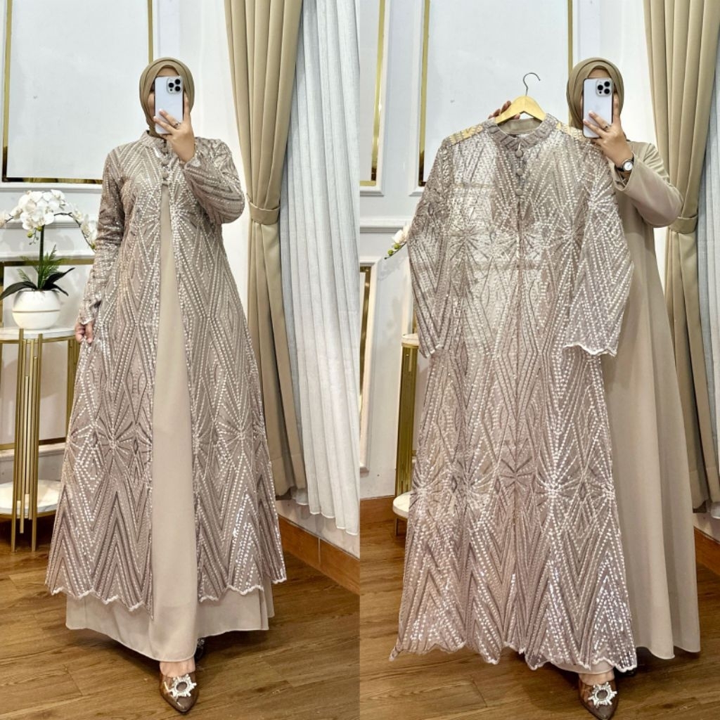 Zifa Fashion || Cod || Jena Dress Set Rompi Brukat 2in1 || Gamis Set Outer Brukat Mix Cruty || Gamis