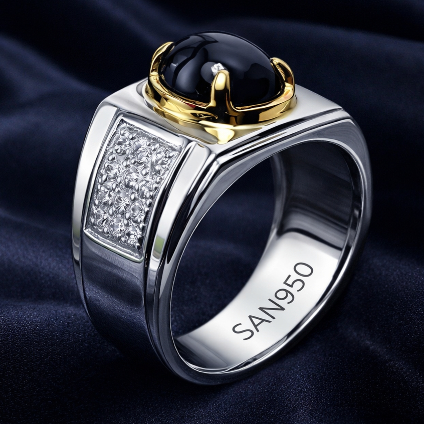 Cincin Pria Perak 950 Ikat Batu Akik Handmade SAN950 EB889 - Custom Size Free Black Onyx