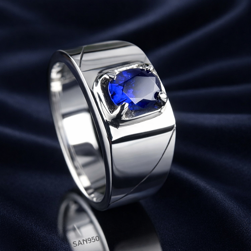 Cincin Pria King Sapphire Perak 950/925 SAN950 [ EB14 ] – Custom Size Ikat Batu Mulia Akik Permata