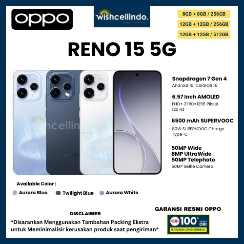 HP OPPO RENO 15 5G 12/512GB, 15 5G 12/256GB, 14 5G 12/256GB & 13 5G 12/512GB (GARANSI RESMI OPPO)