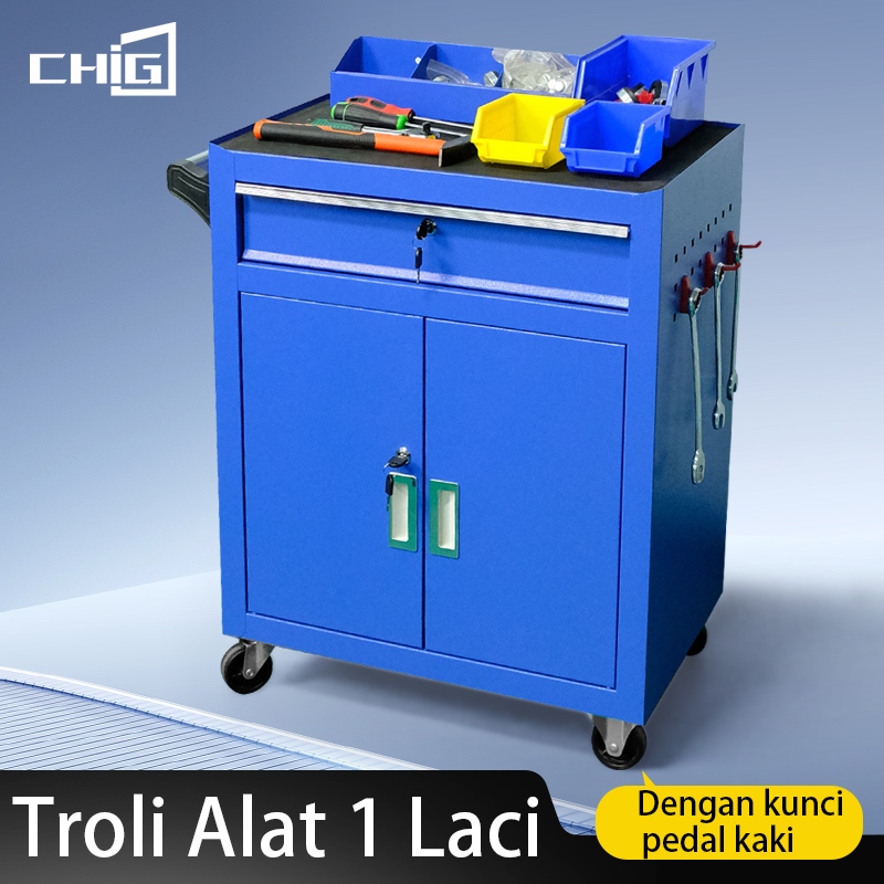 CHIGE Troli Bengkel 1 Laci Tool Trolley Heavy Duty Lemari Alat Besi Roda PU Silent Kunci Rak Penyimp