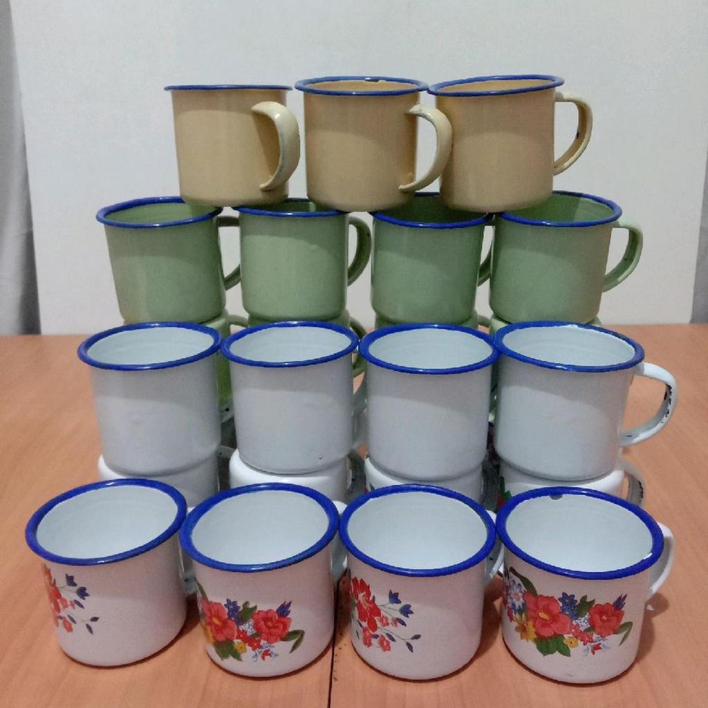 Gelas Enamel 7cm Enamel Mug Vintage Blek Seng Lurik Bunga Paket Hemat Motif Beragam Tahan Panas Ding