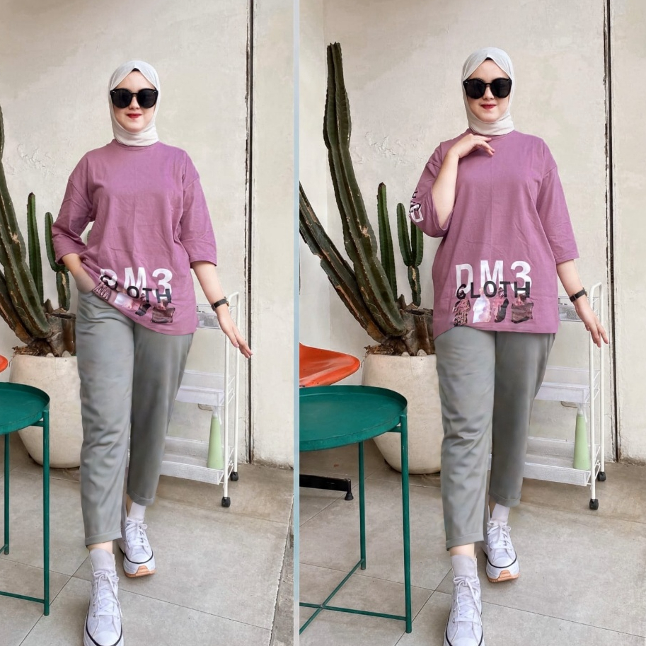 Kaos One Set Muslimah Oversized Lengan 3/4 Warna Ungu Motif DM3 Cloth Kasual Nyaman