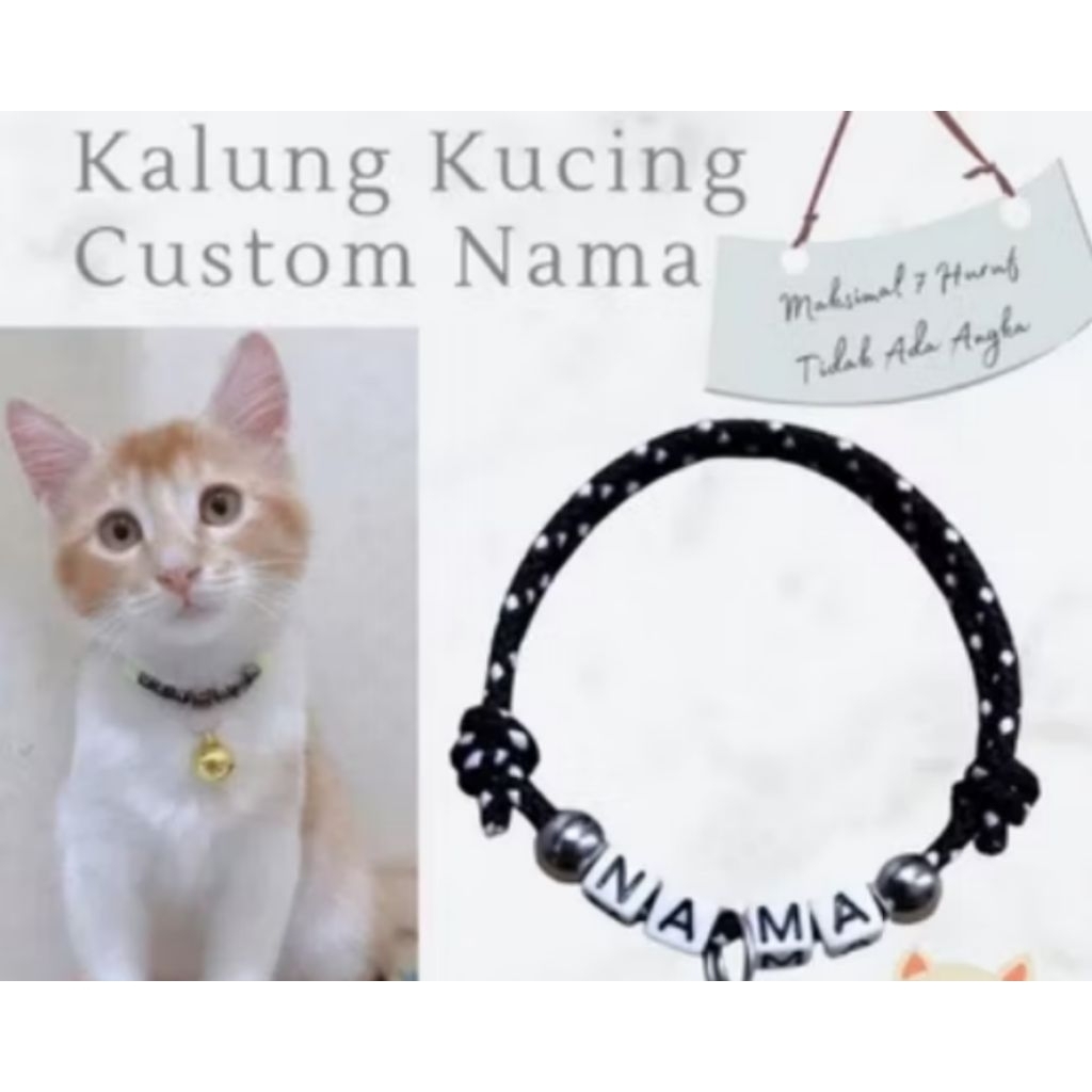 Kalung Kucing Tali Perusik custom nama free nama Aman dengan Lonceng 14mm