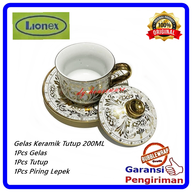 Cangkir Keramik Tutup Dengan Tatakan Piring Lepek Motif Emas 200 ML Gelas Tatak Tutup Keramik Lionex